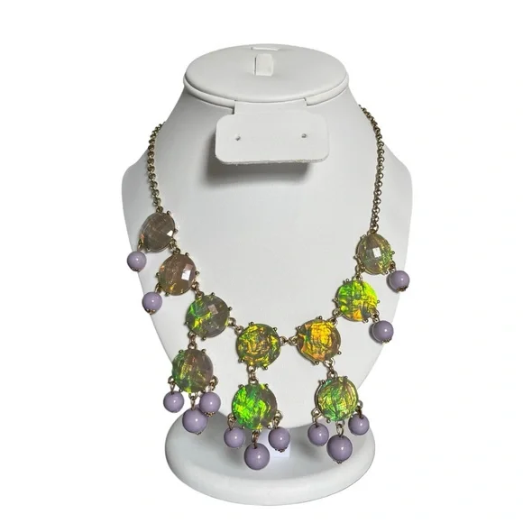 🍭5 for $20🍭 Silver Tone Green Foil Beaded Drop Statement Necklace CC - Picture 5 of 5